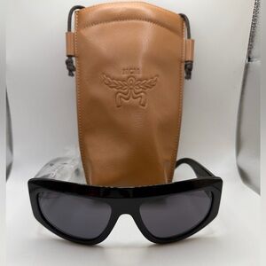 MCM Black Shield Sunglasses with Tan Leather Case